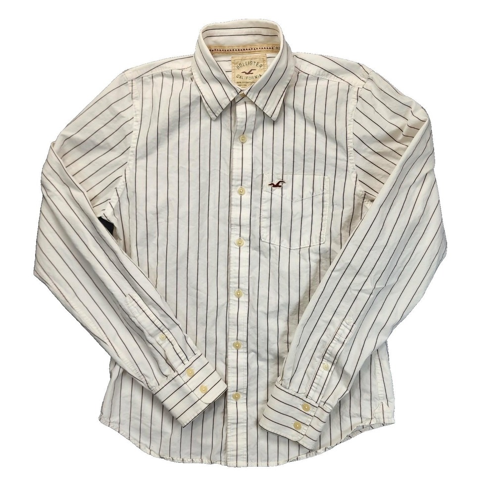 VTG Hollister Mens Medium Long Sleeve‎ Button Down Shirt Striped Cream Navy Pink